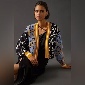 Anthropologie Floral Colorblock Varsity Cropped Cardigan One Size